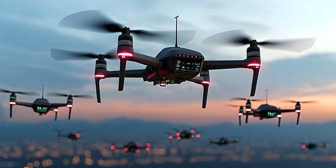 Autonome Drohnen fliegen über nächtliche Stadt