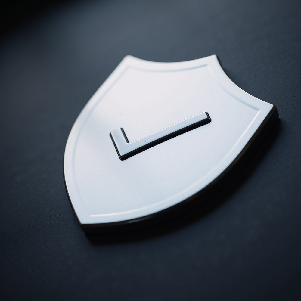 A high-quality, sharp photograph of a polished metallic shield bearing a bold checkmark, symbolizing security, protection, and reliability.