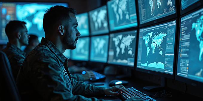 Soldaten in digitaler Kommandozentrale verfolgen militärische Einsätze an Bildschirmen