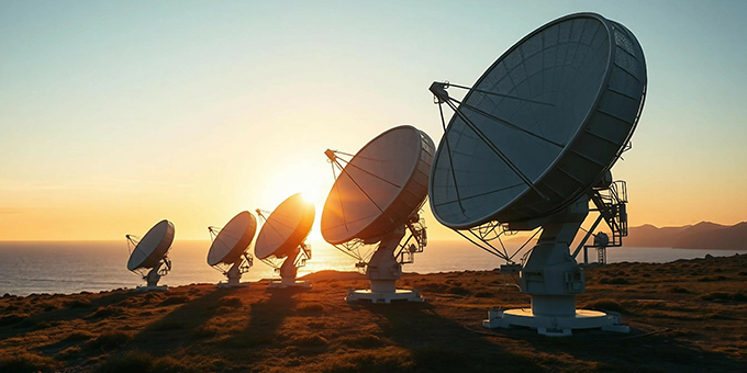 Mehrere Satellitenschüsseln auf großem Feld, in Reihe hintereinander, bei Sonnenaufgang