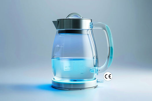 Transparent kettle with CE mark. A light on the powered base of the appliance indicates that the device is currently in operation.