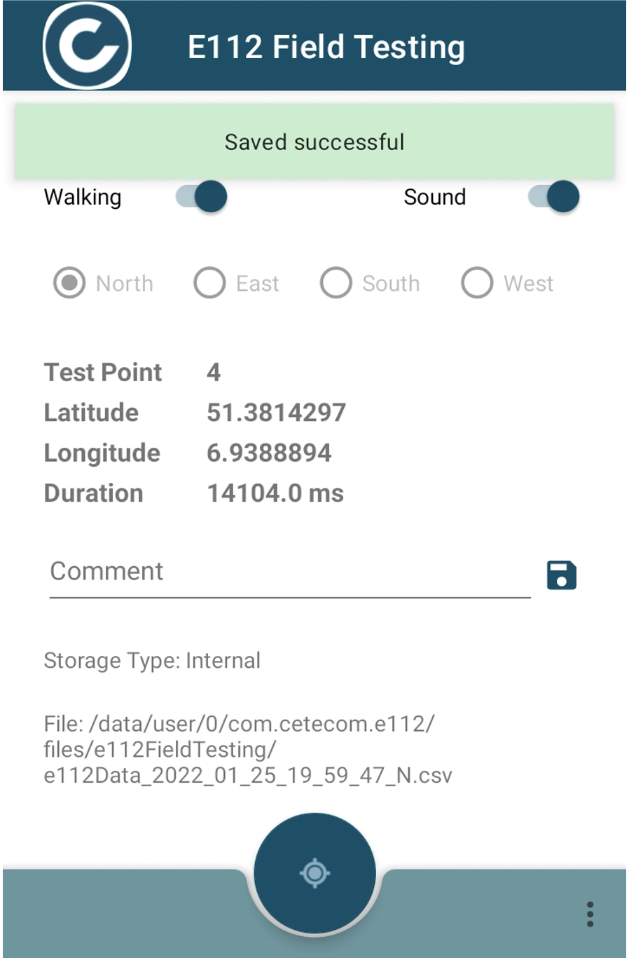 Screenshot from the cetecom advanced app for performing and controlling WLAN tests, which displays data