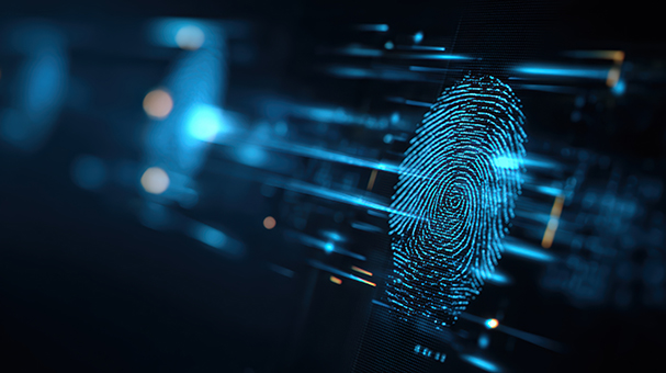 An abstract representation of digital fingerprint technology showcasing cybersecurity elements with glowing blue lines and a motion blur effect for a modern aesthetic.