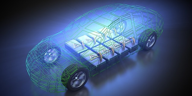 Technical wireframe of an electric car allows a view into the underlying lithium-ion battery blocks.