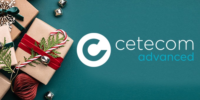 cetecom advanced logo next to gift boxes, tied velvet ribbons and paper decorations on turquoise christmas background.