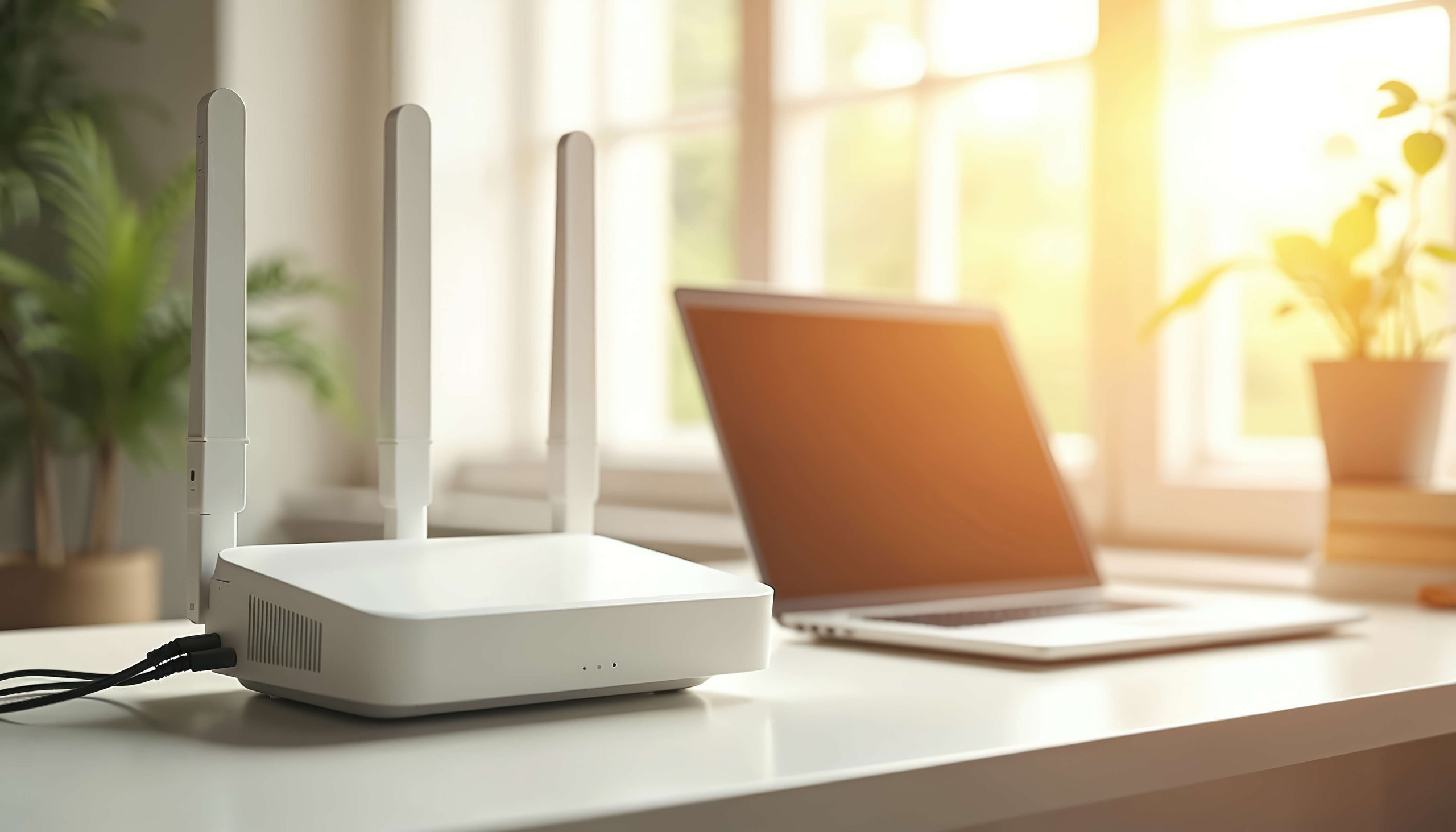 A silver MacBook sits on a white sideboard next to the router