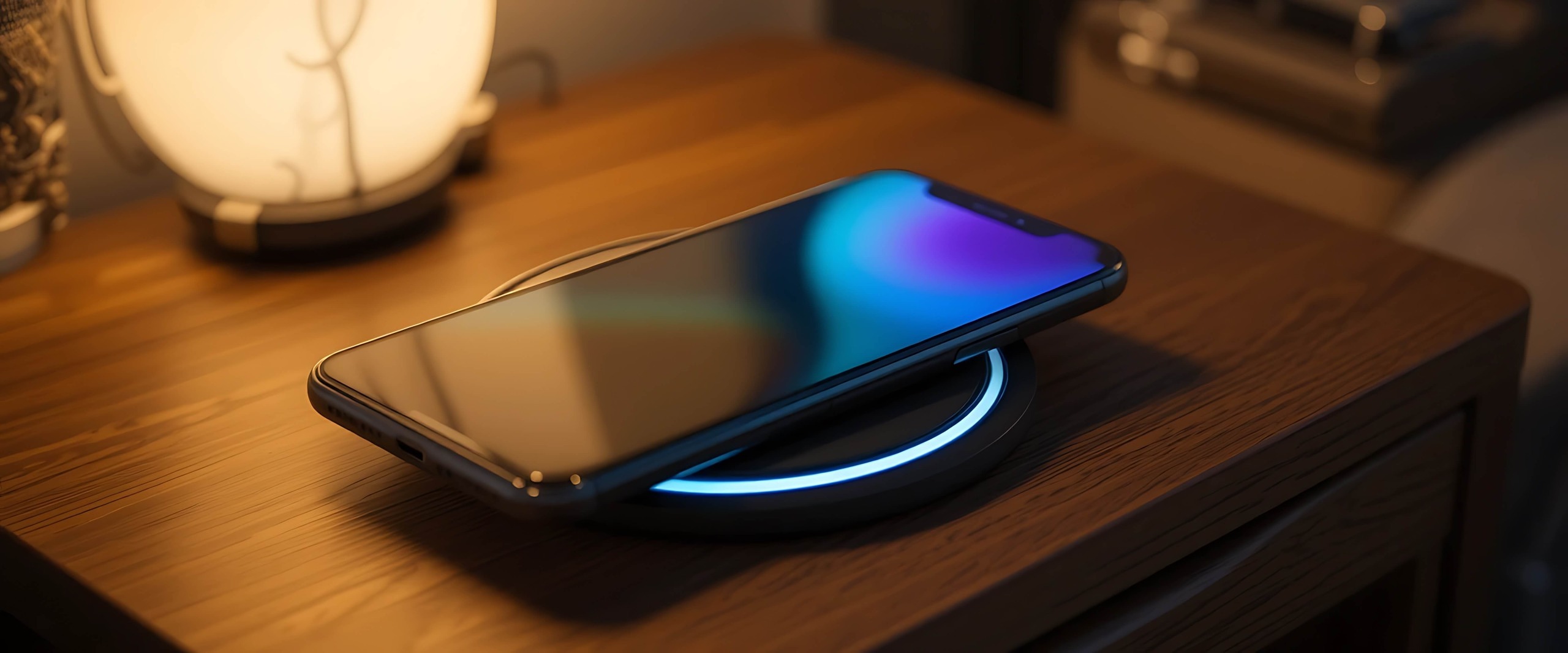 A smartphone is resting on a Qi wireless charging pad on a wooden table