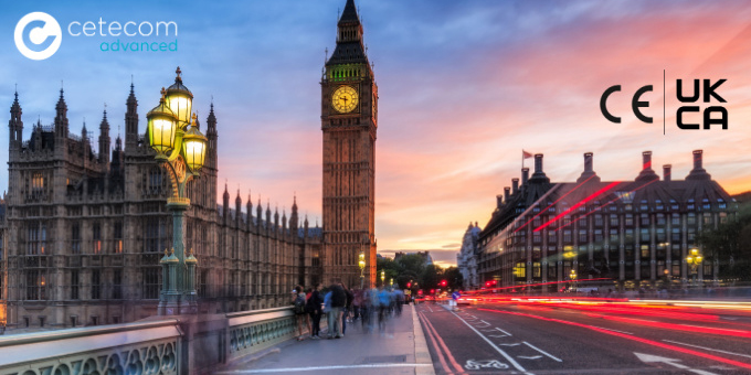 Modernes Foto von London mit Big Ben. Die Fahrzeuglichter schnellen Verkehrs sorgen für einen technologischen Flair. Links oben ist das cetecom advanced Logo. Rechts die CE- und UKCA-Zeichen.